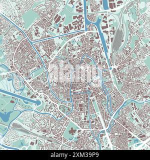 Mappa di Gand, Belgio. Mappa della città, mappa vettoriale con edifici e strade, parchi e fiumi. Illustrazione Vettoriale