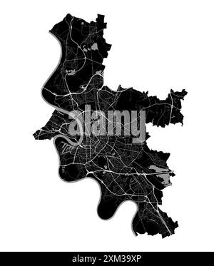 Mappa di Dusseldorf, Germania. Mappa vettoriale dettagliata della città, area metropolitana con confine. Mappa stradale in bianco e nero con strade e acqua. Illustrazione Vettoriale