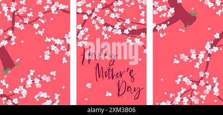 Illustrazione di ciliegi su sfondo rosso. Striscione natalizio per la festa della mamma. Fiori rosa primaverile. Grafica Vektor di Sakura. Illustrazione Vettoriale