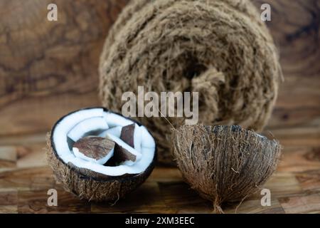 Polpa secca di copra e corde di fibre di cocco Cocos nucifera Foto Stock