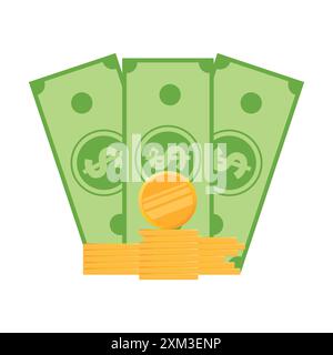 Soldi in contanti in stile piatto. Una pila di banconote da un dollaro e monete d'oro si impilano isolate su sfondo bianco. Illustrazione vettoriale Illustrazione Vettoriale