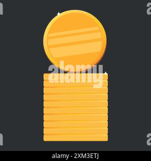 Una pila di monete d'oro. Monete vuote a moneta piatta su sfondo scuro. Tesoro di penny d'oro lucido. Stile cartoni animati, icone di gioco. Illustrazione vettoriale Illustrazione Vettoriale