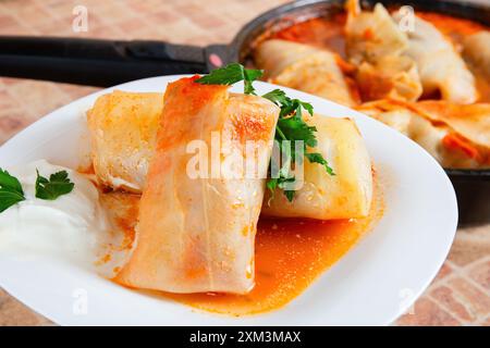 Involtini di cavolo ripieni di carne macinata e verdure, serviti su un piatto con salsa di pomodoro e prezzemolo, con una padella sullo sfondo Foto Stock