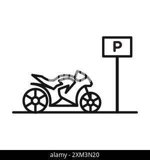 Icona del parcheggio per motociclette Black line art Vector in bianco e nero, insegna della collezione Illustrazione Vettoriale