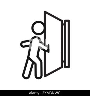 Persona che spinge l'icona della porta il vettore grafico della linea nera con il simbolo della collezione del set di contorni in bianco e nero Illustrazione Vettoriale