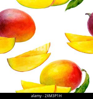 Illustrazione ad acquerello senza cuciture con mango e fette vivaci su sfondo bianco Foto Stock
