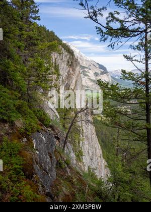 Piccolo scalatore solista con giacca rossa. Tunnel Mountain, Banff, Canada Foto Stock