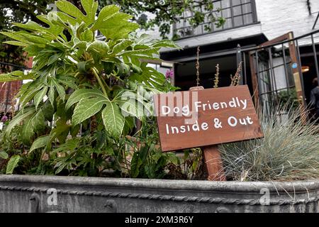 Cartello per i cani al ristorante e pub Dirty Duck, Stratford Upon Avon, Warwickshire, Inghilterra, Regno Unito Foto Stock