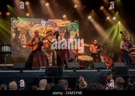 Prima Nocta, band folk metal con cornamuse che si esibisce durante il festival Gentse Feesten / Gand City, festeggiamenti estivi a Gand, Fiandre Orientali, Belgio Foto Stock