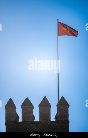 Bandiera di Siviglia in cima alla storica torre del Real Alcazar a Siviglia, Andalusia, Spagna, contro un cielo azzurro. Foto Stock