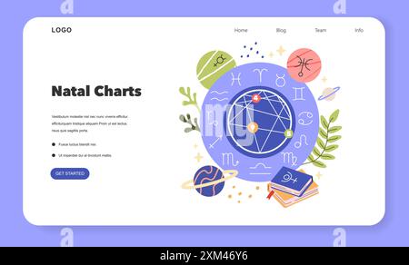 Informazioni su Natal Charts. Progettazione di pagine web astrologiche con simboli zodiacali, elementi cosmici e carte astrologiche. Esplora gli oroscopi personali online. Illustrazione vettoriale. Illustrazione Vettoriale