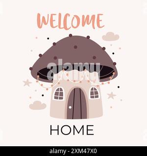 Una casa a forma di fungo. Testo pagina iniziale di benvenuto. Carino cartone animato Bohemian Scandi poster per vivaio nei colori beige e grigio. Stampa vettoriale boho per wa Illustrazione Vettoriale