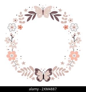 Cornice floreale rotonda con farfalle. Carino cartone animato Bohemian Scandi poster per vivaio nei colori beige e grigio. Stampa vettoriale boho Illustrazione Vettoriale
