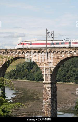 Vista che mostra riparazioni e lavori di rafforzamento del Royal Border Bridge, Berwick upon Tweed, Inghilterra, Regno Unito Foto Stock