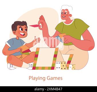 Il giorno dei nonni. Allegri nonni e bambini impegnati in una divertente interazione con i giochi da tavolo. Legame generazionale attraverso il gioco. Illustrazione vettoriale. Illustrazione Vettoriale