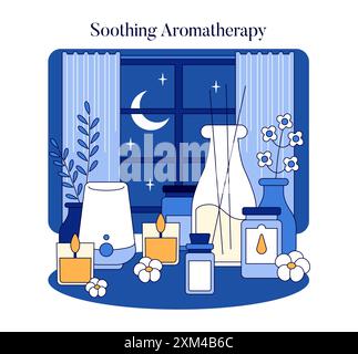 Concetto di benessere notturno. Una sessione di aromaterapia serale con candele, oli essenziali e un diffusore vicino alla finestra illuminata dalla luna. Illustrazione vettoriale. Illustrazione Vettoriale