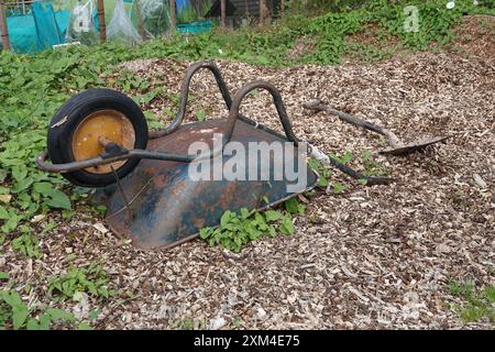 Una vecchia carriola arrugginita e rovesciata su un mucchio di trucioli di legno in giardino o in un'area abitativa Foto Stock