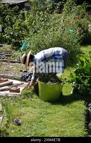 Una donna anziana che lavora nel suo giardino o in un giorno d'estate di sole Foto Stock