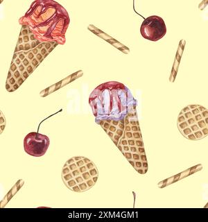 Coni di gelato, waffle e ciliegie con motivo ad acquerello senza cuciture. Scottante clipart dipinto a mano per tessuti, carta da parati, imballaggi. Tessuto dolce a tema dessert per decorazioni estive e scrapbooking Foto Stock