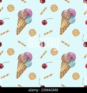 Coni di gelato, waffle e ciliegie con motivo ad acquerello senza cuciture. Scottante clipart dipinto a mano per tessuti, carta da parati, imballaggi. Tessuto dolce a tema dessert per decorazioni estive e scrapbooking Foto Stock