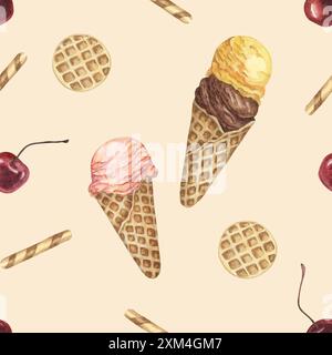 Coni di gelato, waffle e ciliegie con motivo ad acquerello senza cuciture. Scottante clipart dipinto a mano per tessuti, carta da parati, imballaggi. Tessuto dolce a tema dessert per decorazioni estive e scrapbooking Foto Stock