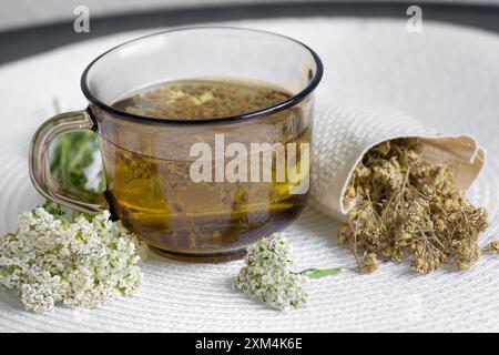 Natura morta di Achillea millefolium, yarrow o tè medicinale a base di yarrow comune in vetro con polvere di tè secco e fiori freschi. Foto Stock