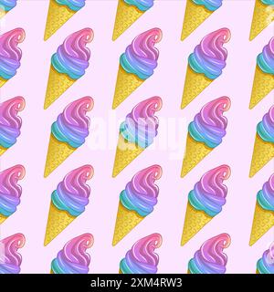 Motivo vettoriale senza cuciture di coni colorati per gelato su sfondo rosa pastello. Illustrazione Vettoriale