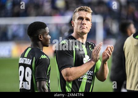 Kilmarnock, Regno Unito. 25 luglio 2024. Thibo Somers di Cercle nella foto dopo una partita di calcio tra lo Scottish Kilmarnock F.C. e il belga Cercle Brugge a Kilmarnock, in Scozia, giovedì 25 luglio 2024, prima tappa del secondo turno di qualificazione per la UEFA Europa League. BELGA PHOTO TOM GOYVAERTS credito: Belga News Agency/Alamy Live News Foto Stock