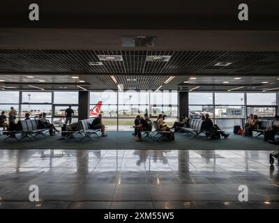 Foto dei cancelli d'imbarco dell'aeroporto di Belgrado. L'Aeroporto Nikola Tesla di Belgrado o Aeroporto di Belgrado è un aeroporto internazionale che serve Belgrado, Serbia. Foto Stock