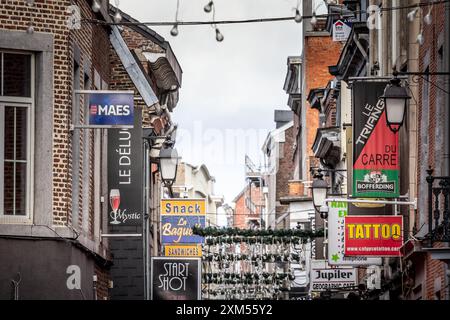 Immagine di una strada tipica del centro della città di Liegi, Belgio, rue Surlet, con segni di negozi e boutique. Liegi è una grande città e municipalit Foto Stock