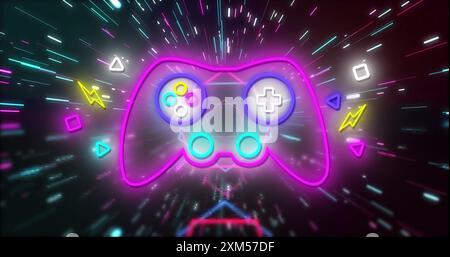 Immagine di un game pad con immagine al neon e icone su sfondo nero Foto Stock