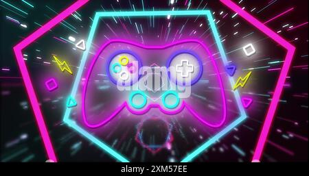Immagine di un game pad con immagine al neon e icone su sfondo nero Foto Stock