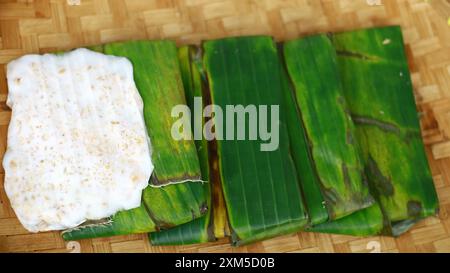 Tempe mendoan. Forma sottile e larga di tempeh. A base di soia fermentata e avvolta in foglie di banana. Foto Stock