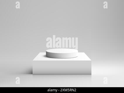 Moderno podio bianco 3D minimalista su base quadrata con sfondo grigio per vetrina, esposizione di prodotti e mockup Illustrazione Vettoriale