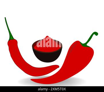 2 cialda di peperoncino naturale caldo rosso e peperoncino rosso in polvere nel recipiente, con ombra isolata su sfondo bianco. Illustrazione vettoriale realistica. Illustrazione Vettoriale