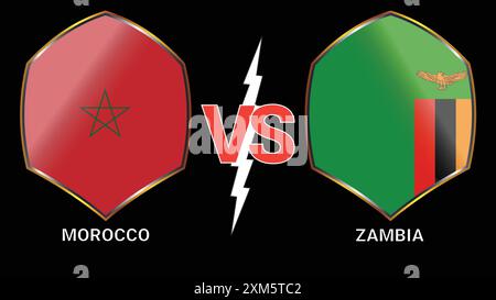 Partita di calcio Marocco vs Zambia con sfondo nero e contro bandiere Illustrazione Vettoriale