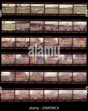 1 ora nel pomeriggio al Bradford City Football Club e all'imminente incendio 11 maggio 1985 Valley Parade Bradford West Yorkshire Inghilterra Regno Unito Foto Stock
