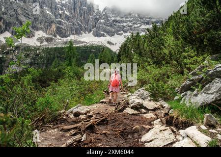 Scopri le maestose vette dolomitiche mentre cammini lungo il sentiero panoramico che conduce all'incontaminato Lago di Sorapis. Foto Stock