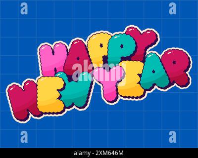 Colorato adesivo natalizio Groovy con la frase Happy New Year. Illustrazione Vettoriale