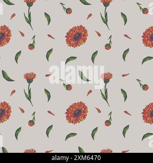 Motivo senza cuciture di fiori di calendula. Motivo ad acquerello, dipinto a mano. Retrò stilizzato, per stampe su tessuto, carta da parati, carta da imballaggio, confezione di tè Foto Stock