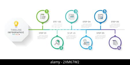 Modello infografico per le aziende. Diagramma cronologico moderno a 6 passi con concetto di percorso stradale, infografica vettoriale di presentazione. Illustrazione Vettoriale