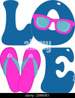 Love - parola scritta in stile graffiti con occhiali da sole sulla lettera o e infradito che creano la lettera V - glitter blu e rosa - vettore di cartone Illustrazione Vettoriale