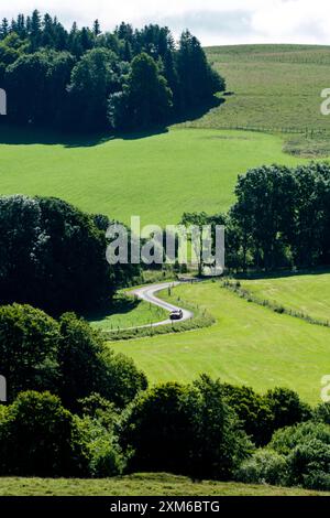 Una strada tortuosa attraversa una valle verdeggiante, circondata da colline verdi ondulate e fitti alberi. Auvergne. Francia Foto Stock