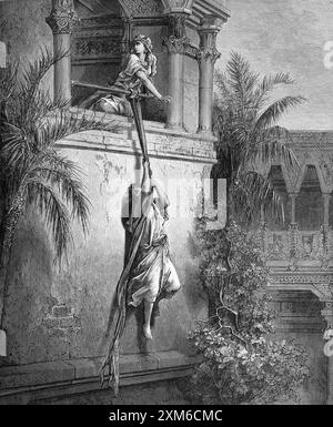 Incisione in legno della fuga di Davide attraverso una finestra di Gustave Dore 1 Samuele 19:11-12 la moglie di Davide Michal lo abbassò dalla finestra aiutandolo a Foto Stock