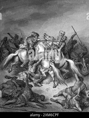 Wood Engraving of Abishai salva la vita di Davide di Gustave Dore 2 Samuel 21:17 - Abishai uccide Ishbi-benob un Filisteo in Battle Saving an Exhauste Foto Stock