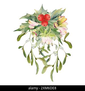 Holly lascia bacche, fiori di ciglia, vischio. Illustrazione ad acquerello disegnata a mano, bouquet isolato su bianco. Natale, felice anno nuovo, noel Foto Stock