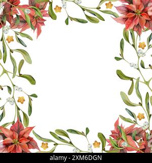 Fiori di Poinsettia, baubles stellari d'oro, foglie di vischio. Illustrazione disegnata a mano in acquerello, copia cornice spaziale isolata su bianco. Natale, felice anno nuovo Foto Stock