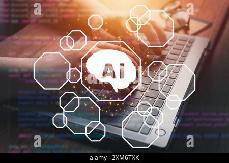 Tecnologia ai,. Donna che usa la potenza dell'intelligenza artificiale sul laptop. Chatta con l'intelligenza artificiale. Utilizzo del prompt dei comandi per generare qualcosa. Trasformazione tecnologica futuristica. Foto Stock