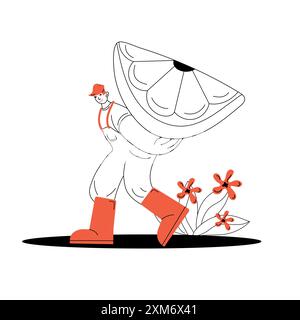 Allegro contadino che porta una grande fetta di limone adornata con fiori in uno stile illustrativo Illustrazione Vettoriale