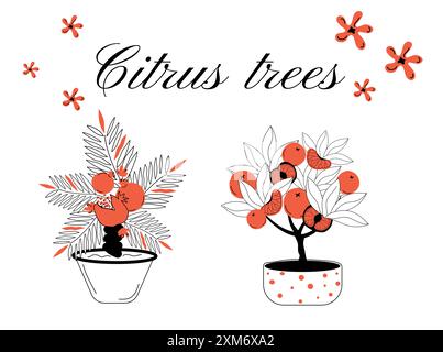 Illustrazione di vivaci alberi di agrumi in vaso con fiori in fiore in uno stile contemporaneo Illustrazione Vettoriale